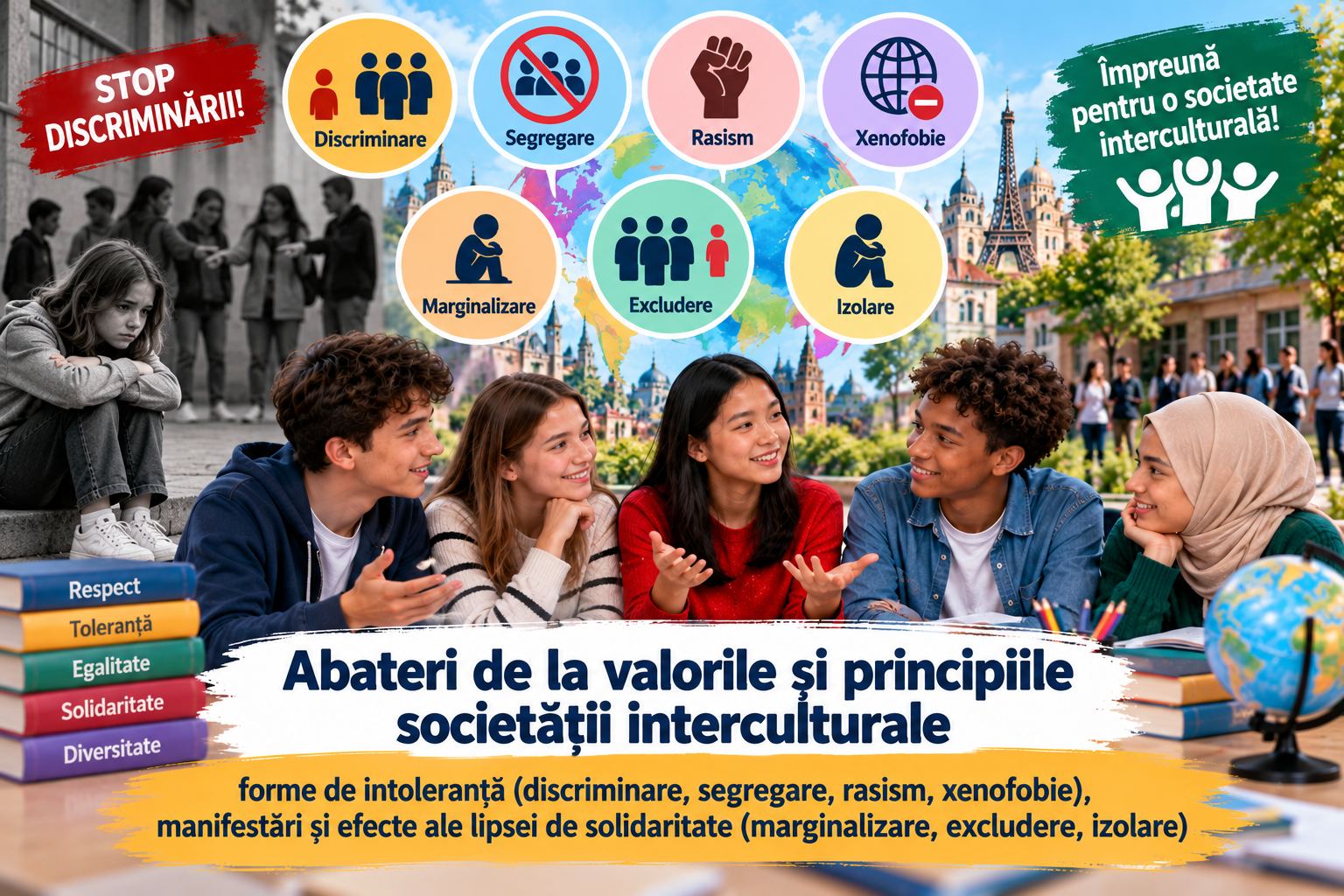 Abateri de la valorile și principiile societății interculturale: forme de intoleranță (discriminare, segregare, rasism, xenofobie), manifestări și efecte ale lipsei de solidaritate (marginalizare, excludere, izolare)