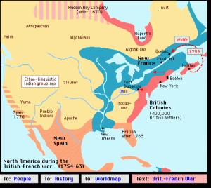 America de Nord în timpul războiului franco-britanic (1754-1763) | sursa: hyperhistory.com