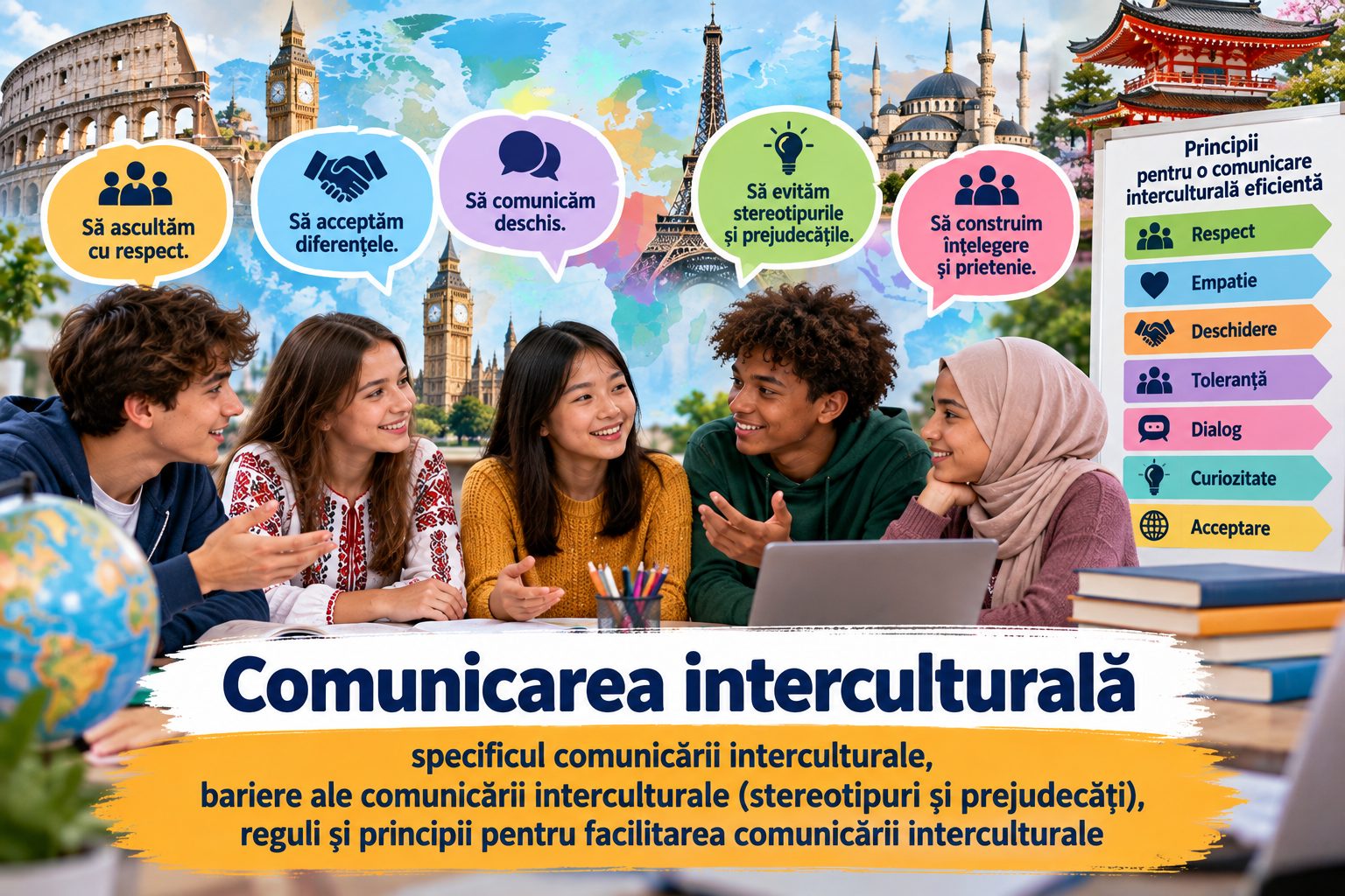 Comunicarea interculturală: specificul comunicării interculturale, bariere ale comunicării interculturale (stereotipuri și prejudecăți), reguli și principii pentru facilitarea comunicării interculturale