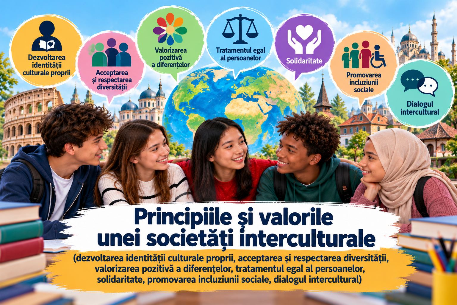Principiile și valorile unei societăți interculturale (dezvoltarea identității culturale proprii, acceptarea și respectarea diversității, valorizarea pozitivă a diferențelor, tratamentul egal al persoanelor, solidaritate, promovarea incluziunii sociale, dialogul intercultural)