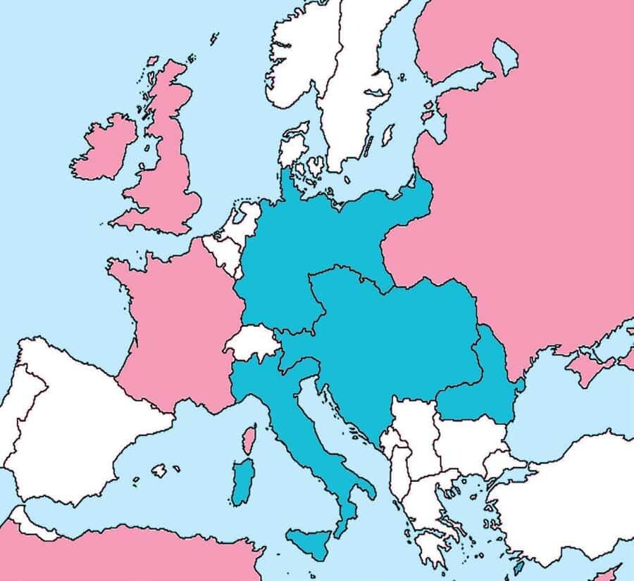 Alianțe politico-militare. Antanta (roz) vs Puterile Centrale (albastru) | © wikipedia.org