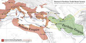 Drumurile comerciale ale romanilor și parților | sursa: Jan van der Crabben - worldhistory.org