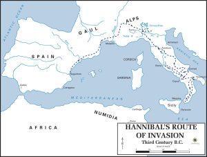 Traseul parcurs de Hannibal în cel de-Al Doilea Război Punic | sursa: The Department of History, United States Military Academy - worldhistory.org