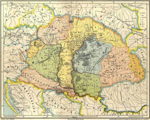 Voievodatele lui Gelu (teritoriul colorat cu roz), Glad (teritoriul colorat cu verde) și Menumorut (teritoriul colorat cu albastru) | sursa: wikipedia.org